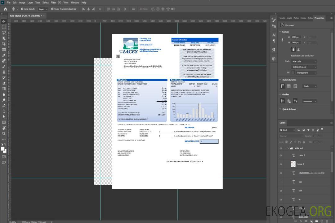 États-Unis, Washington, ville de Lacey, modèle de facture de service d'eau aux formats Word et PDF (preuve d'adresse) template